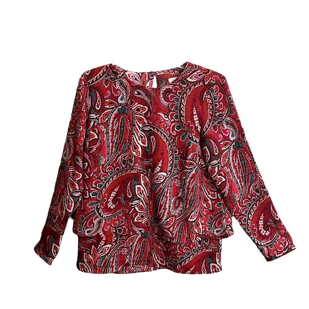J. Jill Blouse Tunic Size XS‎ Women's Red Teal Paisley Tiered Hem Long Sleeve